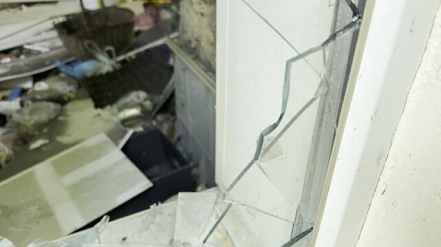 Sharp shattered glass clings to a broken window frame inside a ruined room. This desolate close-up evokes a sad feeling of total neglect. The chaotic background looks completely hopeless.