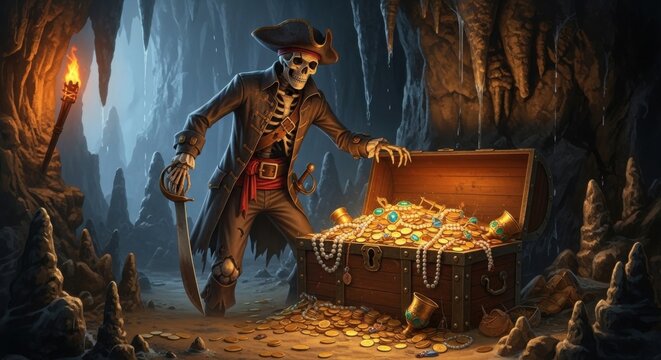 Treasure hunter discovering gold chest in dark mystical cave with glowing firelight