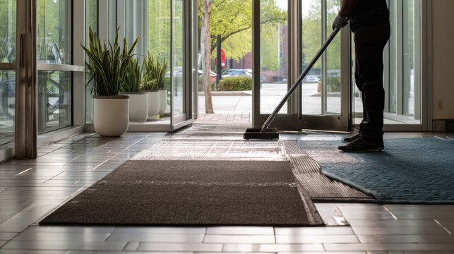 Professional cleaner sweeping the entrance matting in a modern office building lobby. A person in gloves uses a broom to clean the entryway mats, maintaining a hygienic and welcoming commercial space