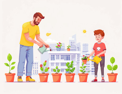 Father and son watering potted plants on a city balcony, super dad vector artwork for family hobby and fathers day celebration illustration