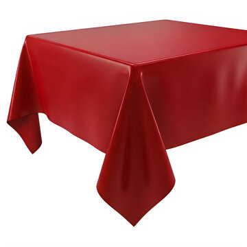 Red tablecloth, draped table cover, vibrant red fabric, rectangular dining cloth