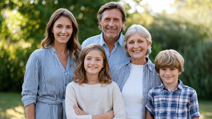 Obraz premium Multigeneration family smiling together in garden setting