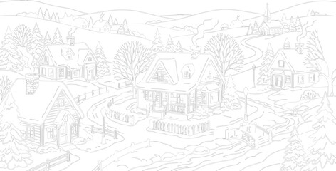 Fototapeta premium Vector sketch architectural illustration design of a picturesque house on a European city street with trees and mountain scenery