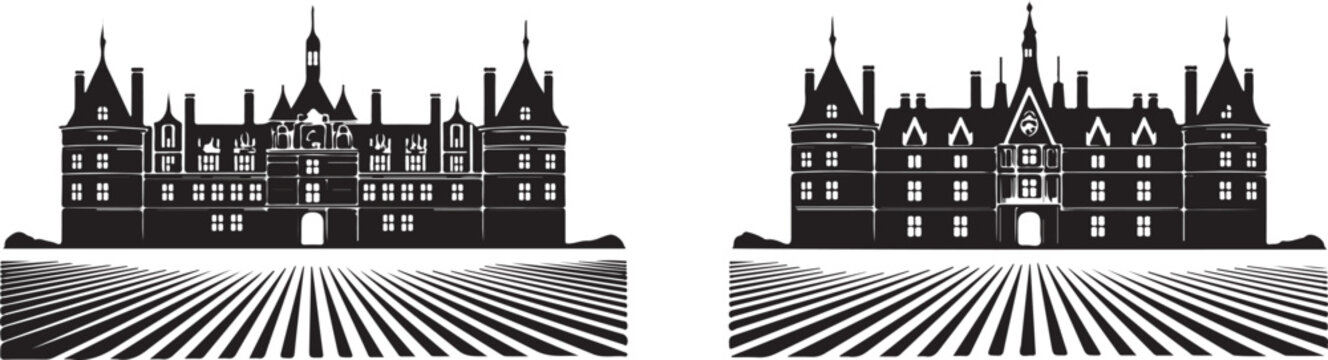Chateau estate surrounded by rolling vineyards landscape scenery architectural heritage building silhouette set on transparent background.