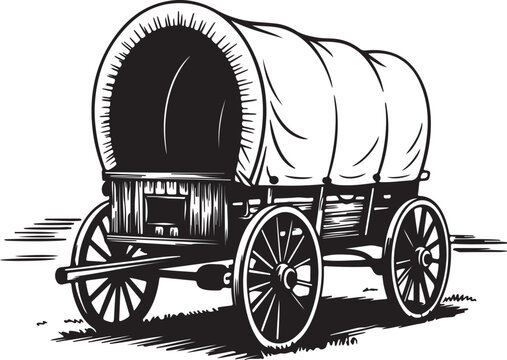 Vintage pioneer covered wagon wooden carriage silhouette western frontier transportation historical american travel supply vehicle icon.