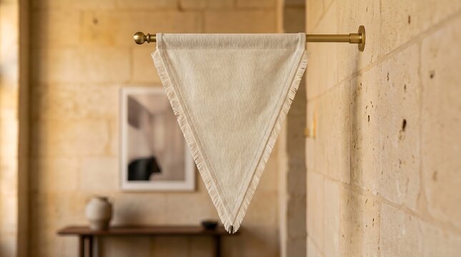Blank white triangular pennant flag mockup hanging on warm stone wall