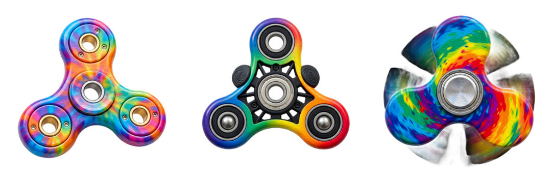 Set of Vibrant Rainbow Fidget Spinners Isolated on White Background, Colorful Stress Relief Toys and Sensory Gadgets for Focus and Fun
