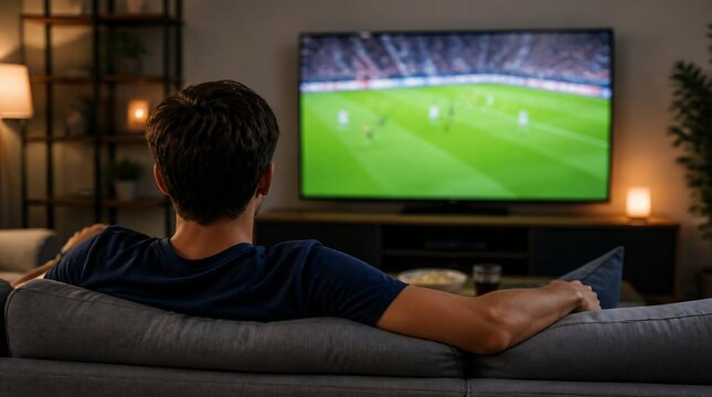 Young man watching soccer game on big television screen at home.