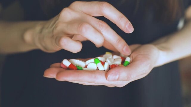 A person sits with his palm open and neatly lays out colorful pills. The focus is on health. The concept of healthcare and medicine.