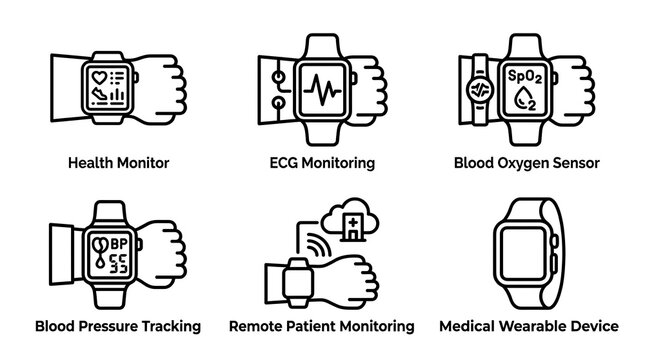A graphic illustration of six wearable health monitoring devices on wrists