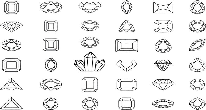 Geometric Diamond and Gemstone Outline Icon Set with Various Crystal Cuts for Jewelry Design, Luxury Branding, Fashion Accessories, and Precious Stone Graphic Illustrations Vector