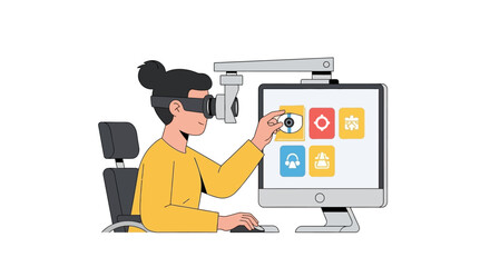 Fototapeta premium Woman Using Assistive Technology with VR Headset and Eye-Tracking Device for Computer Interaction - Flat Illustration