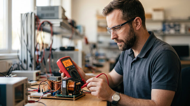 Male technician using multimeter to test electronic circuit board components on wooden workbench in modern laboratory with various tools and equipment visible