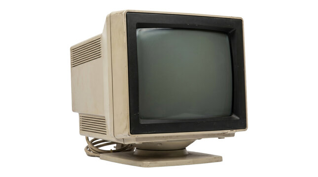 Vintage computer monitor from eighties era technology displayed as isolated object on transparent background.