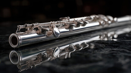 Obraz premium Close-up of a shiny silver flute lying on a reflective surface with blurred dark background