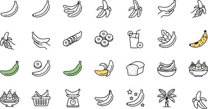 Fresh banana fruit icons set with peeled bunch slices bread split tree green yellow food linear outline doodle vector
