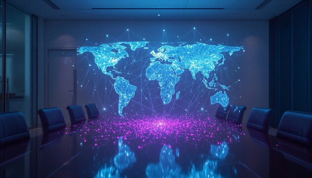 Leuchtende holografische Weltkarte als Datennetzwerk im modernen Konferenzraum