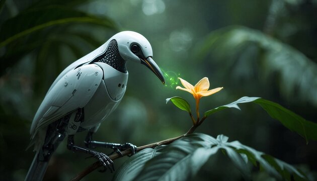 Futuristischer Roboter-Vogel scannt tropische Pflanze, KI im Naturschutz