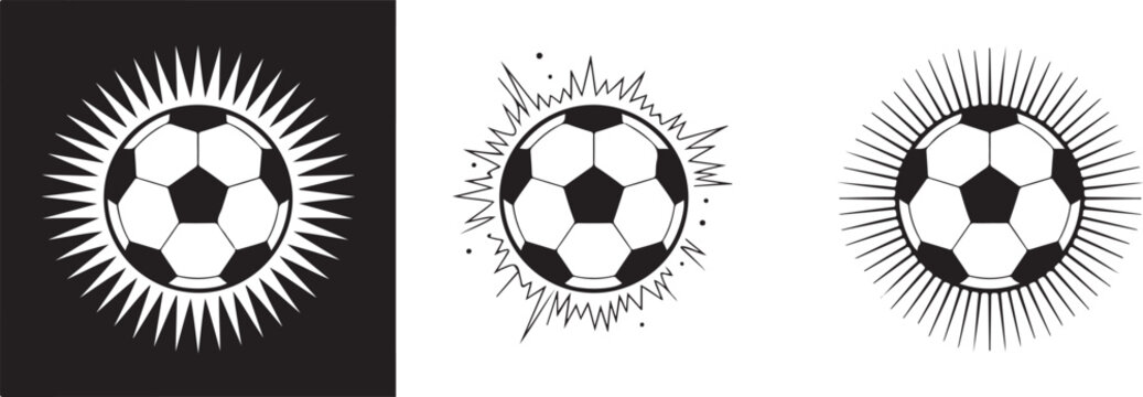 Set of three soccer ball icons featuring explosive sunburst ray effects isolated on dark and transparent backgrounds for sports theme.