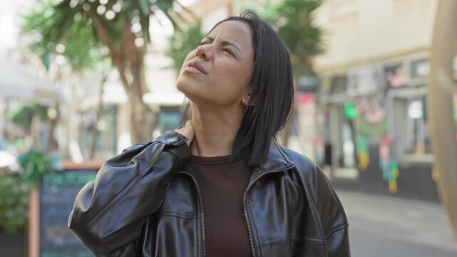 Woman hand on neck wearing leather jacket on pedestrian street with shops and potted plants; discomfort.