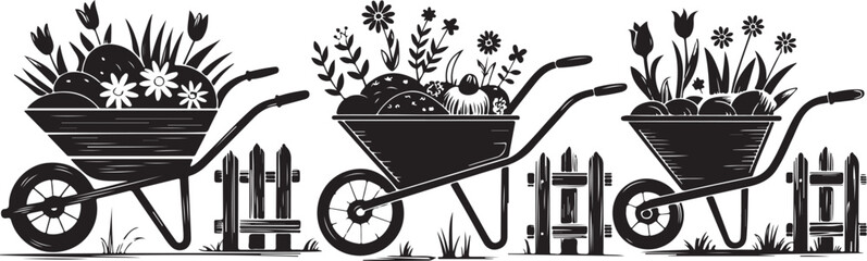Garden cart collection with spring flowers and wooden fence elements for seasonal landscaping projects isolated on transparent background. © Kamrun82
