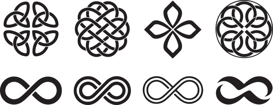 Celtic knots and infinity symbols collection representing eternal connection and geometric harmony in traditional style patterns set.