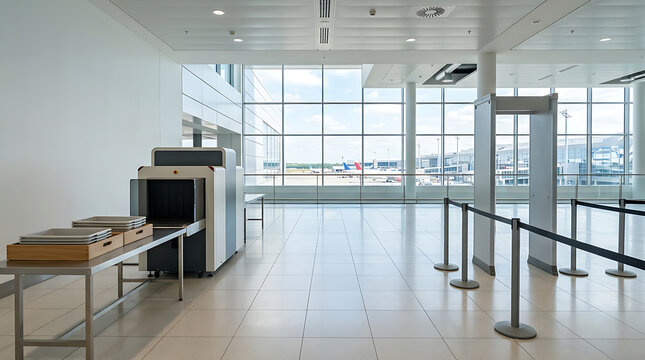Modern airport security checkpoint featuring an X-ray scanner and archway detectors, awaiting travelers