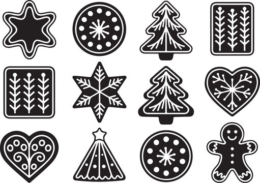 Twelve different christmas gingerbread cookie shapes with frosted patterns on transparent grid background for holiday treats.
