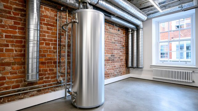 Stainless tank installed in exposed brick mechanical room interior