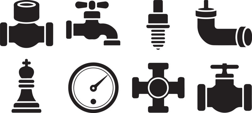 Industrial plumbing and mechanical spare parts set including water valves pipes spark plug and gauge on grey grid background.