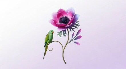 Obraz premium A small green parakeet perched on the stem of a vibrant pink anemone flower