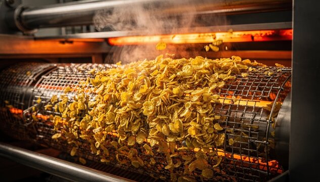 Medium shot of golden corn flakes crisping as they move through a heated conveyor oven showcasing the toasting process of breakfast cereal in an industrial setting.