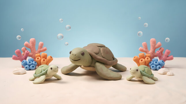 Clay sea turtle family on sandy ocean floor