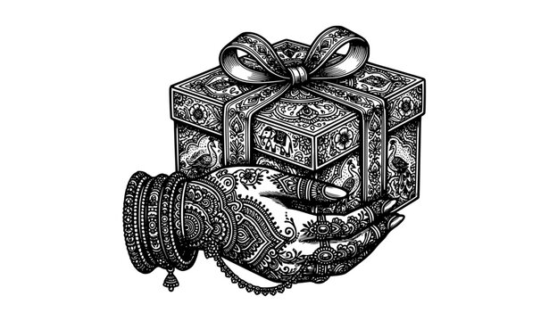 Indian Bridal Hand Holding Wedding Gift Box Black and White Vector Illustration