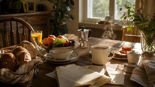 Cozy Breakfast Table with Fresh Bread Coffee Fruit and Handwritten Notes