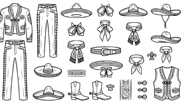 Black and White Mariachi Costume Doodle Icon Set with Traditional Charro Outfit Sketches