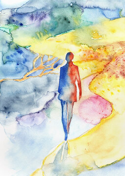 Solitary Figure Between Warm and Cool Abstract Paths, Emotional Journey Hand Painted Watercolor