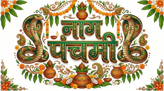 Happy nag panchami typography logo concept on background.