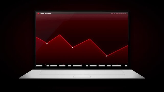 Laptop displaying red financial stock market downtrend graph and economic crisis data