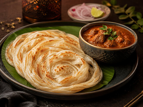 Malabar Parotta arranged elegantly with curry, modern South Indian cuisine concept