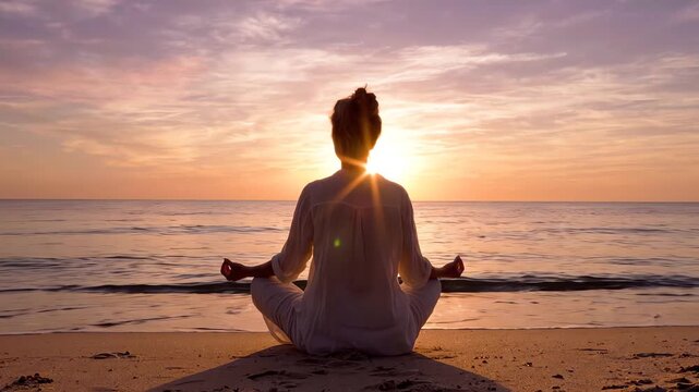 Serene woman meditating on a beach at sunset with a warm glow, sitting in lotus position with hands in a peaceful gesture.