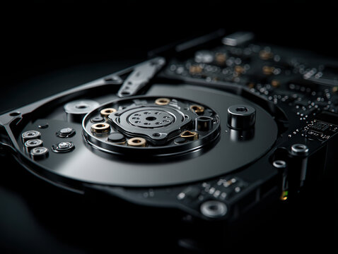 Close-up of a modern internal hard disk drive with spinning disc and electronic circuit board on a black background