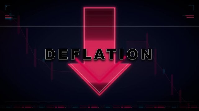 Deflation concept with red neon downward arrow and financial market chart background