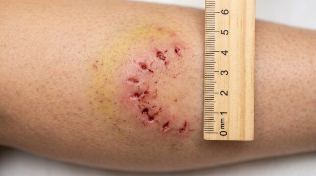 Close-up of a dog bite wound on human leg with ruler measuring size