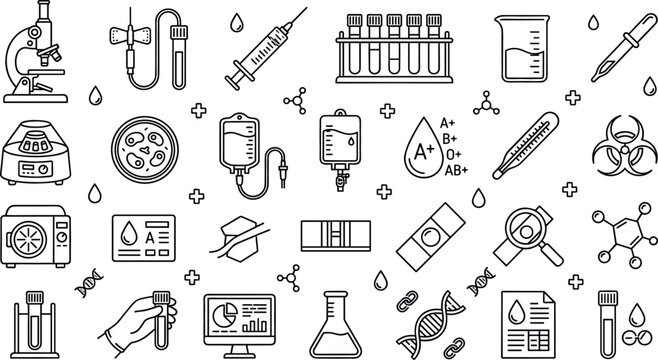 Medical blood test laboratory icons set with microscope syringe test tubes iv bag dna linear outline vector sketch