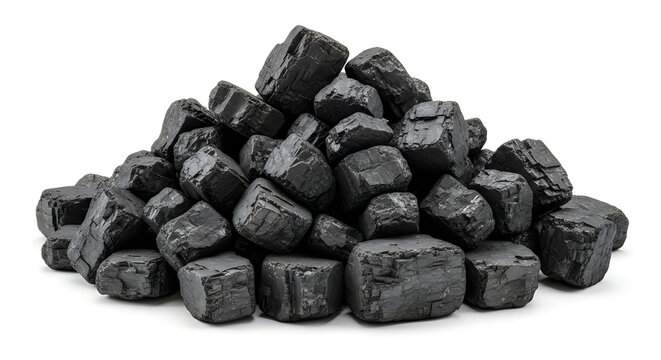 Black charcoal chunks in a pile isolated on white background