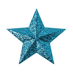 Fototapeta premium A five-pointed star shape filled with a dense cyan blue glitter texture, displaying sparkling reflective particles on a clean white background for