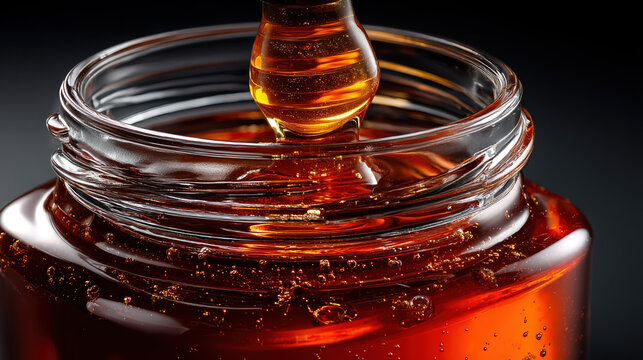 Close-up of honey jar with dripping honey pou into jar in a dark background with reflection and bubbles
