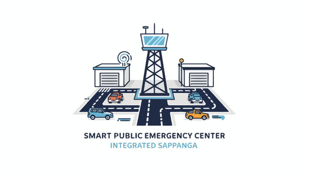 A digital illustration of a modern emergency response facility with vehicles