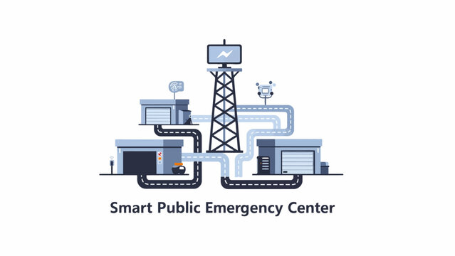 A digital illustration of a modern emergency response facility with network towers